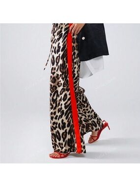 Leopard Print Wide Leg Pants with Red Side Stripe